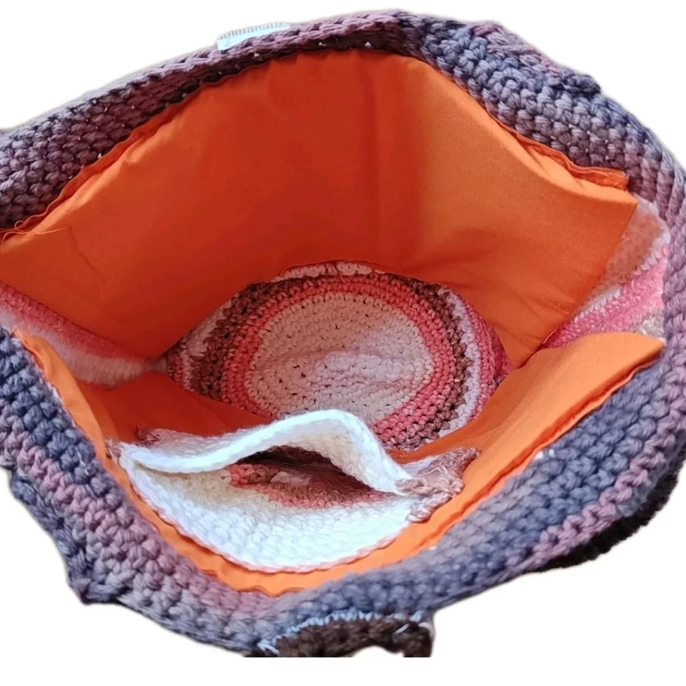 Hippie Boho Hand Crocheted Earthy Striped Bucket Purse W/ Coin Purse Homemade
